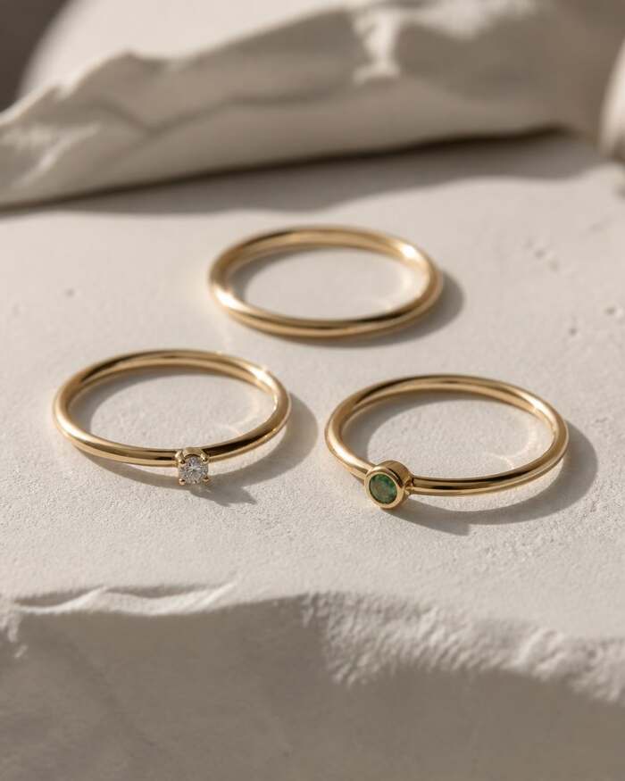 Three fine gold rings on a plaster surface