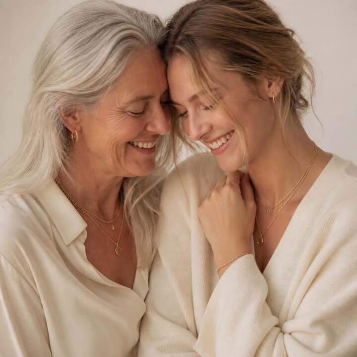 Two women wearing layered gold jewellery